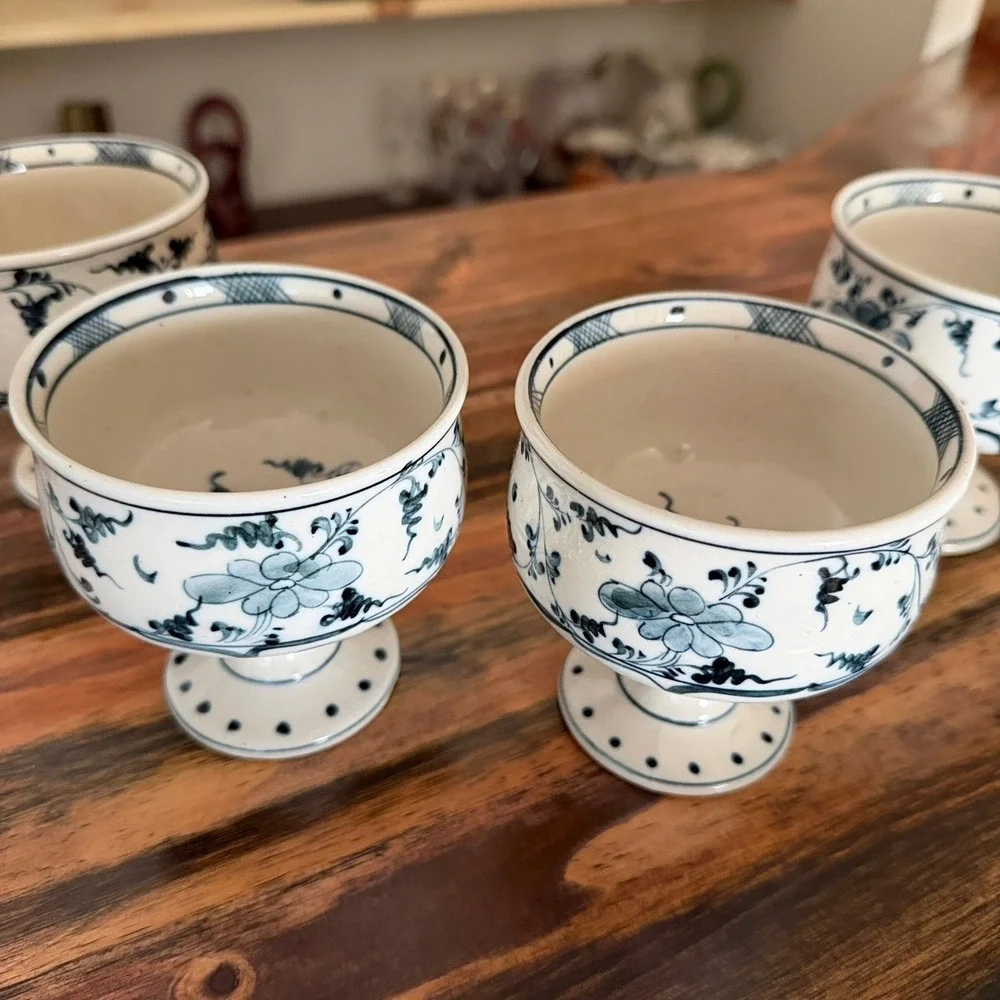 Footed Bowls 3.5in Blue White‎ Floral Ceramic Set of 4